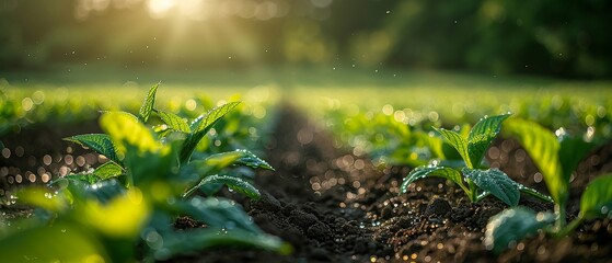 Morning Dew on Fresh Organic Farmland at Sunrise A serene