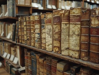 Vintage Bookstore with Antique Maps of the World Fading into Shelves