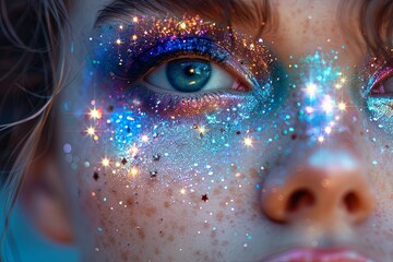A whimsical photograph of a model with galaxy-inspired makeup. - obrazy, fototapety, plakaty
