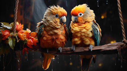 A pair of fuzzy lovebirds sharing a tender moment on a swing, their plumage creating a delightful splash of color.
