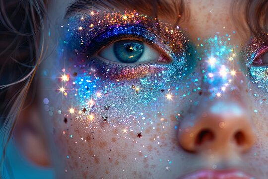 A whimsical photograph of a model with galaxy-inspired makeup.