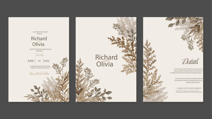 Set Wedding invitations and details in rustic and boho style with dried pampas herbs, grains. Vector template