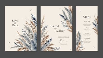 Wedding Invitation Templates With Menus. Postcards with Painted Watercolor Grass, Dry Pampas Grass in Beige and Blue Tones. Rustic and Boho Wedding. Vector