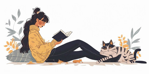 A young woman reads a book in the evening, the cat sleeps next to each other, illustration, white background