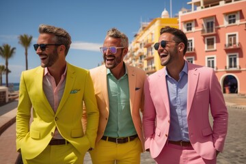 Three stylish bright men are walking around the city smiling