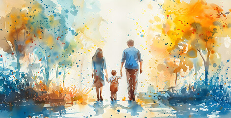A colorful watercolor painting depicting a happy family enjoying a playful and joyful moment together. - obrazy, fototapety, plakaty
