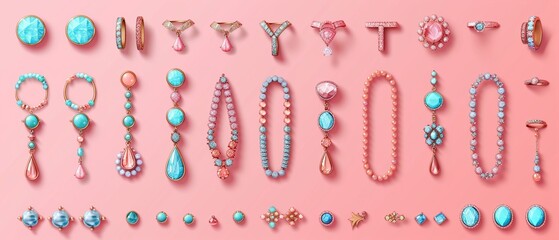 Cute, simple jewelry knolling, flat color style, bright and soft hues, clean and charming layout