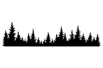 Obraz premium Fir trees silhouette. Coniferous spruce horizontal background pattern, black evergreen woods illustration. Beautiful hand drawn panorama of coniferous forest