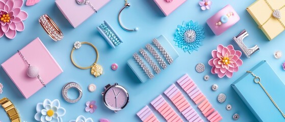 Cute, simple jewelry knolling, flat color style, bright and soft hues, clean and charming layout - obrazy, fototapety, plakaty