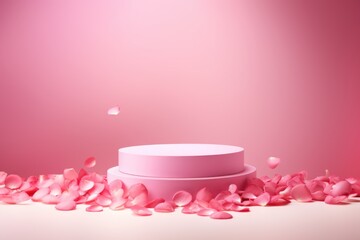 Fototapeta na wymiar Minimalist pink podium for product display with rose petals gently falling on a soft backdrop. Elegant Pink Podium with Falling Petals Background