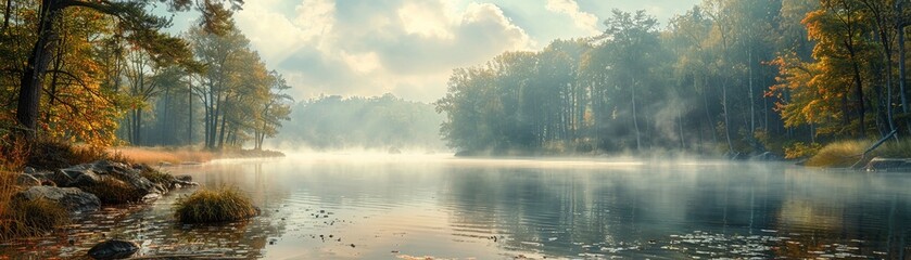 Fototapeta premium Quiet Morning at a Lakeside Fishing Spot with Mist Rising Off the Water
