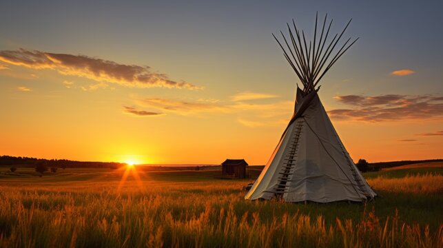 Wigwam of American Indian People on a grassy plain at sunset. The house of the Indigenous People of the Tribe in the field.