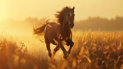 Elegant horse galloping in sunlit meadow, photorealistic high quality image with rim light style