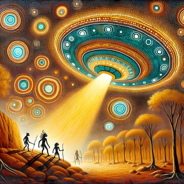 An Aboriginal painting of an alien flying saucer landing on a rock.
