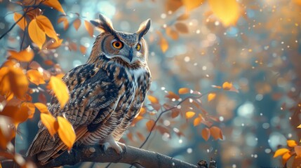 Majestic owl perched on tree branch  photorealistic cinematic shot of wise bird in moonlit scene - obrazy, fototapety, plakaty