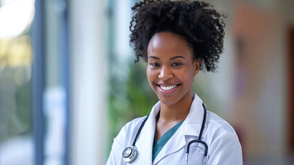 Young smiling doctor woman afro american portrait