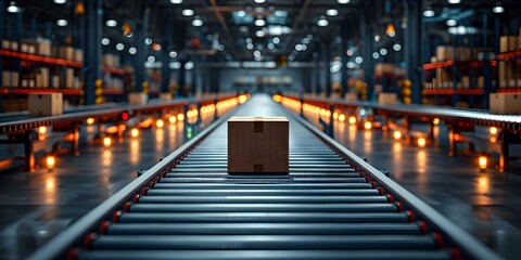 Automated conveyor belt in a distribution warehouse with rows of cardboard boxes symbolizing efficient logistics. Concept Logistics Efficiency, Warehouse Automation, Conveyor Systems - obrazy, fototapety, plakaty