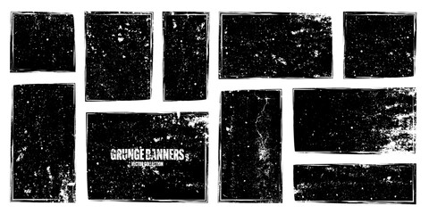 Grunge square frames, banners with stains and scratches. Brush stroke, rectangular shape design element. Distressed dirty text frame, border. Paintbrush, ink stains. Vector illustration