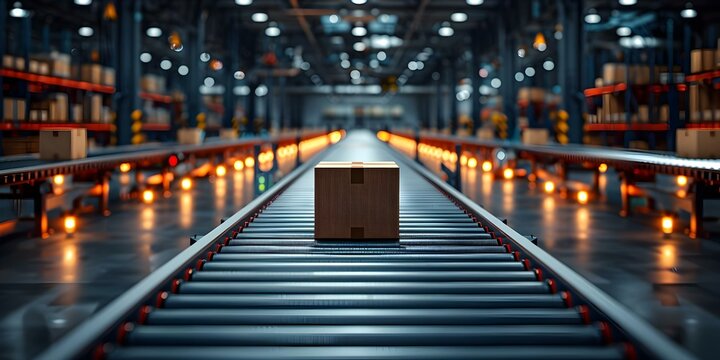 Automated conveyor belt in a distribution warehouse with rows of cardboard boxes symbolizing efficient logistics. Concept Logistics Efficiency, Warehouse Automation, Conveyor Systems