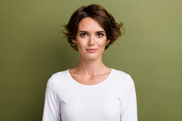 Portrait of adorable business lady wearing white casual shirt pullover smiling sincere emotion...