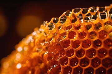 Stacked Honeycombs with Liquid Translucent Amber - Close-Up Side View with Product Lighting - obrazy, fototapety, plakaty