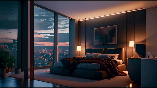 Luxurious bedroom design with shady photography technique. Modern bedroom interior with big windows