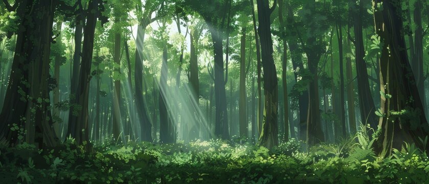 Serene Forest with Sunlight Through Trees