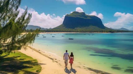 A couple on a tropical island strolling along the beach - obrazy, fototapety, plakaty