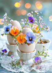 Fresh Spring Flowers in Eggshell Vases. Celebration spring holiday Easter, Spring Equinox day, Ostara Sabbat. - obrazy, fototapety, plakaty