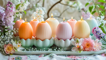 Pastel Colored Easter Candles in Egg Shapes with Spring Flowers. Celebration spring holiday Easter, Spring Equinox day, Ostara Sabbat. - obrazy, fototapety, plakaty