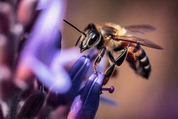 Bee on Purple Flower with Shallow Depth of Field - Full Body Macro Photography - Powered by Adobe