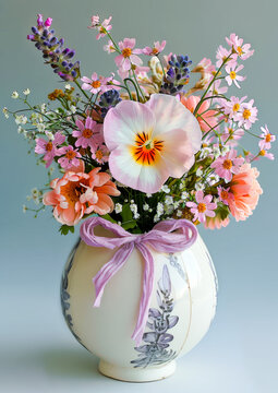 Fresh Spring Flowers in Egg shape Vase. Celebration spring holiday Easter, Spring Equinox day, Ostara Sabbat.