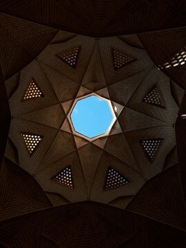Vertical low angle shot of ceiling of Shah Abbasi Caravanserai in Bisotun, Iran