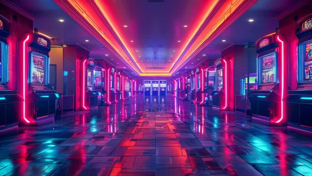 The interior of the hotel and casino retro arcade game room with slot machine and neon lights
