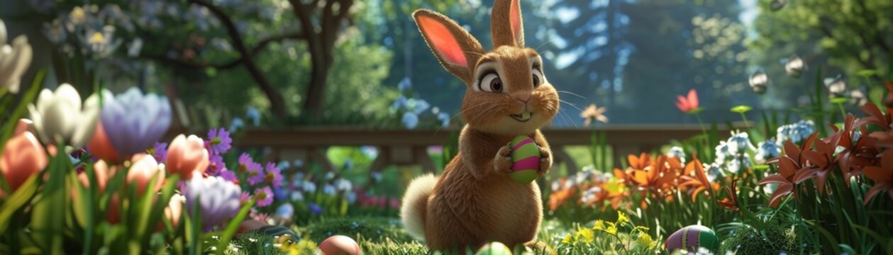 Bunny Animation A lively 3D animated Easter bunny hopping through a beautifully rendered garden, searching for hidden eggs ,high resolution