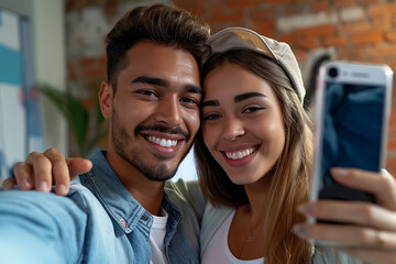 Proud young couple takes selfie after voting in election 