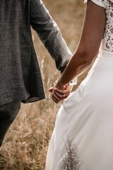 Vertical shot of a lovely bride and a groom holding hands and walking in a field