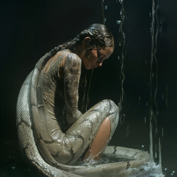 Gorgon, a mythical creature. image of the beautiful Gorgon Medusa. sad snake woman, beautiful snake girl. Golden snake.