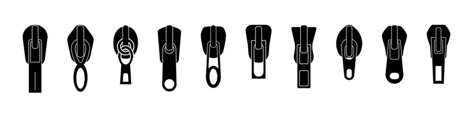 Closed and open zipper. Set of different lightnings. Zip pulls or zipper pullers, black zip lock stock collection isolated on white background. Vector illustration © Little Monster 2070