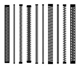Closed and open zipper. Set of different lightnings. Zip pulls or zipper pullers, black zip lock stock collection isolated on white background. Vector illustration
