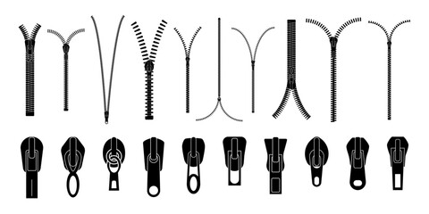 Closed and open zipper. Set of different lightnings. Zip pulls or zipper pullers, black zip lock stock collection isolated on white background. Vector illustration © Little Monster 2070