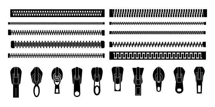 Closed and open zipper. Set of different lightnings. Zip pulls or zipper pullers, black zip lock stock collection isolated on white background. Vector illustration