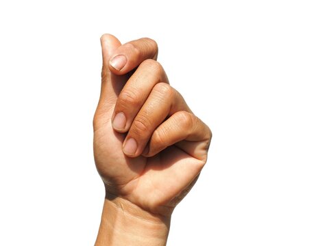 Man's hands are making a gesture of holding a card or business card, some kind of document, ID card or passport. Isolated on a white background.	