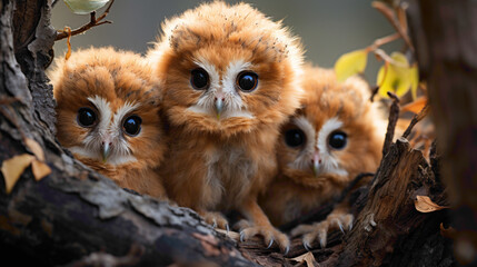 A charming family of owlets nestled together in a cozy tree hollow, their fluffy bodies blending into the bark.
