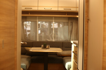 Interior design of a living room in a camper. Caravan, motorhome. Mobile home.