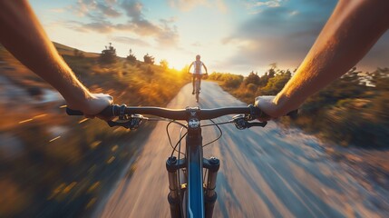 friends with bicycles on the road, with sunset on background