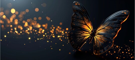 A 3D butterfly Illustration is flying, and there is flickering golden light against black background.