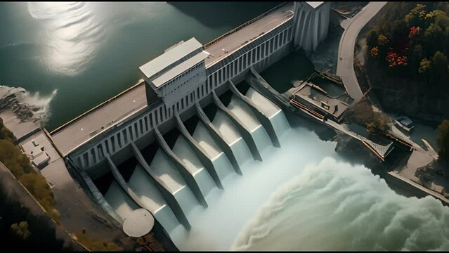 Aerial panoramic view of concrete Dam at reservoir with flowing water, hydroelectricity power station, drone shot.