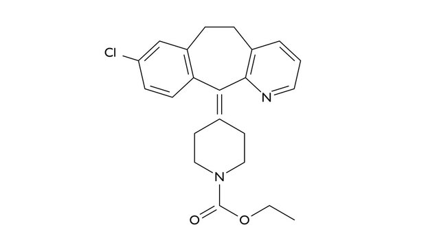 loratadine molecule, structural chemical formula, ball-and-stick model, isolated image second generation antihistamines
