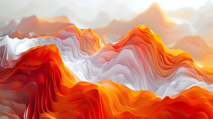 Arrière-plan contemporain en 3D avec reliefs et courbes, tons blanc et orange, effets strates géologiques, relief de montagne et paysage abstrait - obrazy, fototapety, plakaty